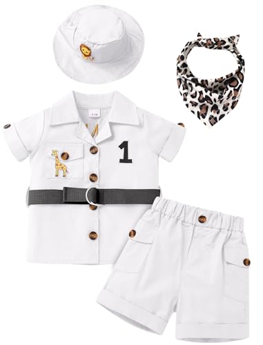Image of OBEEII Baby Boys Safari Outfit Infant Wild 1st Birthday Photoshoot Shirt Top Shorts Set Animals Zoo Keeper Jungle Outfits