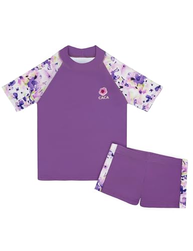 Cadocado Rashguard-Set für Mädchen, kurzärmelig, zweiteilig, Badeanzug, LSF 50+, Strand-Bademode, 3–10 Jahre, Lila#, 140