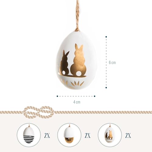 Ostereier-Anhänger, 6er Set: Kleine Osteranhänger aus Plastik, Osterdeko zum Aufhängen, Deko Ostern, Für Osterstrauch, Mit Osterhasen, Schwarz, Weiß & Gold, Modern, Indoor Osterschmuck hängend, 6 cm