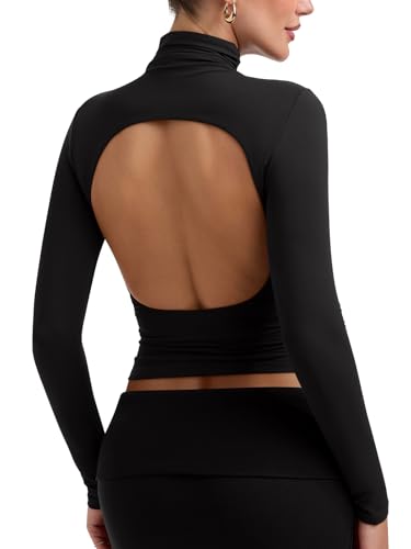 PINKMSTYLE Womens Backless Turtleneck Long Sleeve Top Shirts Ruched Double Lined Fall Going Out Outfits 2025