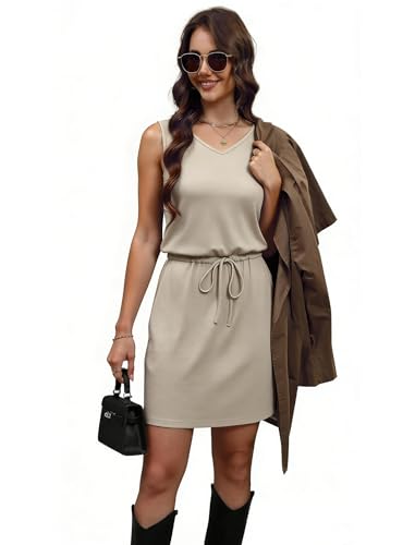 chicyes Summer Dresses for Women 2026 V Neck Sleeveless Tank Casual Mini Dress Tie Waist Sundresses with Pockets Outfits Khaki — view 2