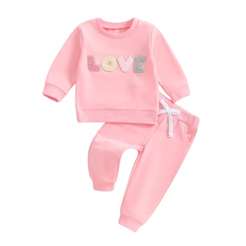 Socutebabe Baby Girl Clothes Newborn Infant Fall Winter Outfits Love Embroidery Long Sleeve Crewneck Sweatshirts Pants 0-24M (Pink, 3-6 Months)