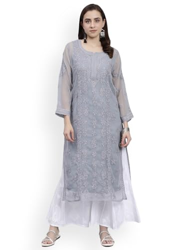 Image of Seva Chikan Hand Embroidered Lucknowi Chikankari Georgette Kurta with Inner Slip for Women SCL4431