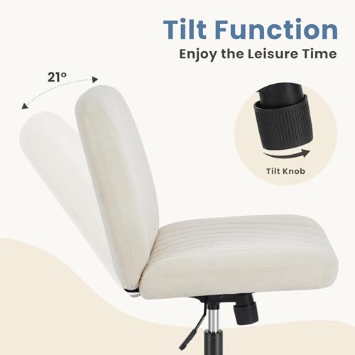 Image of DUMOS Desk Chair No Wheels, Criss Cross Chair Wide Cross Legged Office Desk Vanity Comfy Chair, Armless Adjustable Swivel Chairs for Home Computer Task Beige