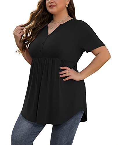 SHIJIALI Women's Plus Size Henley Shirts V Neck Button Tunic Tops Casual Short Sleeve Swing Flowy Tunic