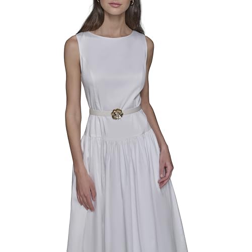 Image of Karl Lagerfeld Women's Sleeveless Boat Neck Drop Waist Belted Midi Dress