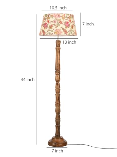 Image of Green Girgit Floral Print Floor Lamp with Taper Red Daisy Shade, Dark Brown Wooden Base, Bedside Night Lamp with, Modern Living Room Light, LED Ambient Lighting, E27 Bulb Compatible, Corded Electric