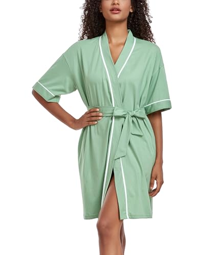 Image of ANLIQI Womens 100% Cotton Robes Lightweight Summer Short Sleeve Lady Bathrobe Knee Length Kimono Robe Sleepwear with Pockets