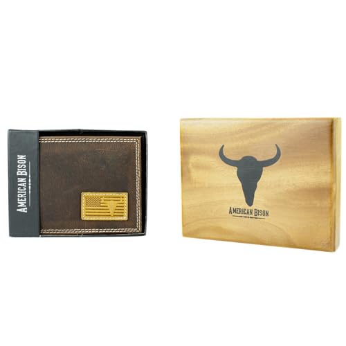 American Bison Men’s Bi-Fold Wallet – Embossed Bison Skull & American Flag Leather Wallet with 2 ID Windows, 6 Card Slots, Dual Bill Compartments – Wooden Gift Box (Brown)4