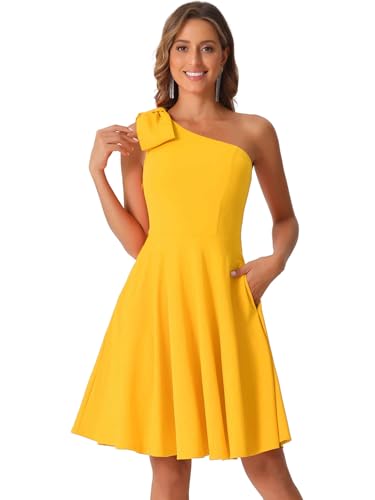 Allegra K Evening Cocktail Dress for Women's Party Elegant Flared One Shoulder Formal Dresses Small Yellow