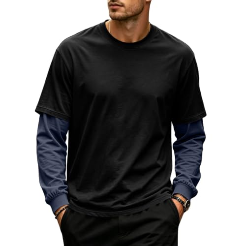 Long Sleeve Tshirts Shirts for Men Faux 2-Piece Pullover Tops
