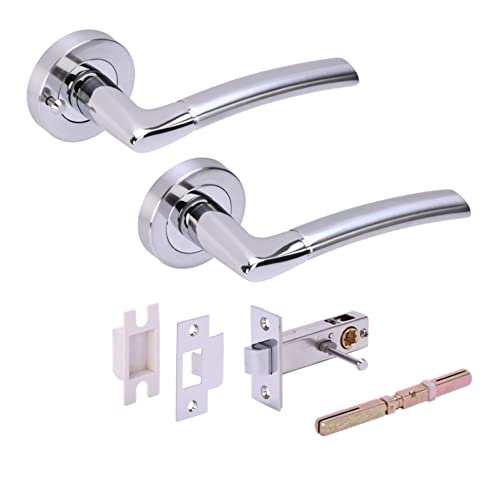 Hunta HANDLEZONE Neemo Privacy Lever On Round Rose Door Handles with Privacy Latch for Bathroom Toilet WC Doors 1 Set - Dual Finish Polished/Satin Chrome