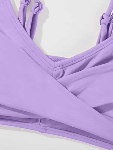 Girls Swimsuit 2 Piece Tropical Floral Twist Cross Swimwear High Waisted Bikini Set Teen Solid Color Bathing Suit 9-16T4