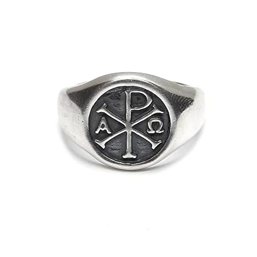 Anillo de plata de ley genuina Chi Rho Alpha Omega con sello sólido 925 (9)