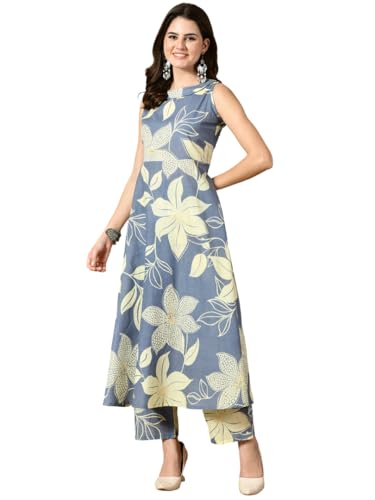 Image of Amazon Brand - Tavasya Women Rayon Anarkali Kurta Pant Set | Floral Printed Ethnic Kurta Set | Sleeveless Flared Anarkali Kurta with Pant | Casual