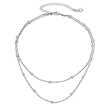 FOCALOOK Layered Necklaces for Women, Dainty Silver Satellite Choker Necklace, Stainless Steel Double Stacked Beaded Chain Choker Trendy Jewelry Gift