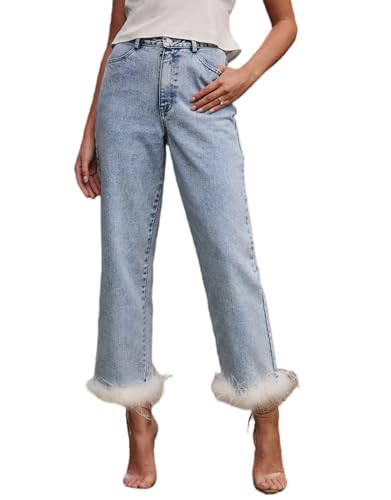 Cropped Jeans for Women Feather Trim Straight Leg High Waist Button Fly Denim Pants