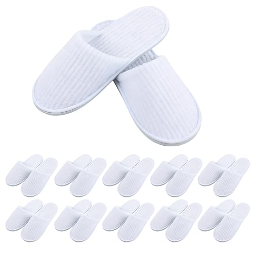 GOEDCH 10 paires de pantoufles en polaire corail : pantoufles spa blanches, pantoufles d'invités, pantoufles en velours de coton lavables unisexes, pantoufles...