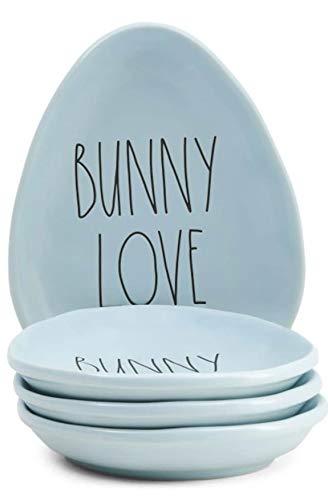 New Rae Dunn Set of 4 Egg Shaped Snack Plates (Blue BUNNY LOVE)