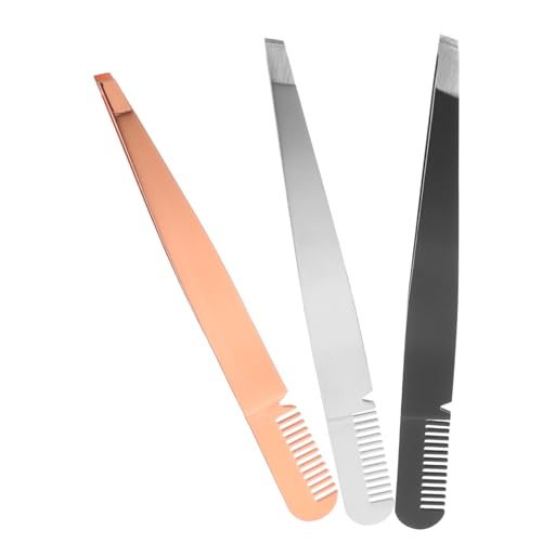 FRCOLOR 3pcs Stainless Steel Eyebrow Clamps Tweezer Comb Ergonomic Makeup Tools for Women Durable Safe Eyebrow Grooming Mixed Color