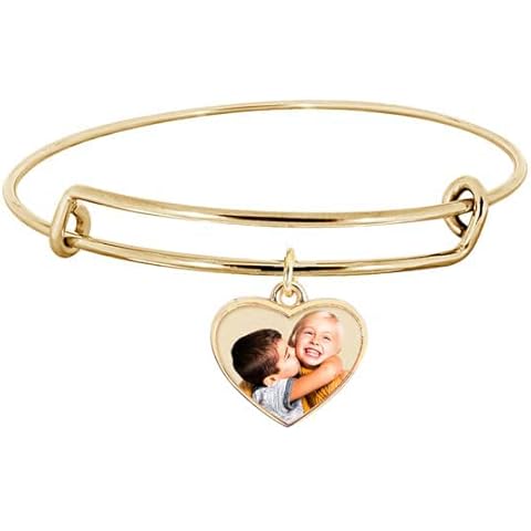 PicturesOnGold.com Expandable Engraved Charm Photo Bracelet with picture - One Size Fits All Personalized Photo Engraved Heart Bracelet - Stainless Steel or Yellow Gold Plated