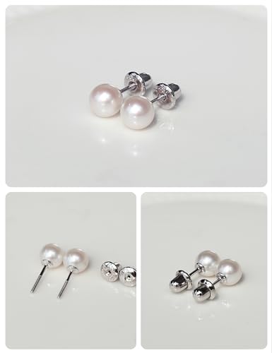 Freshwater Pearl Earrings with Screw Back for Women 925 Sterling Silver Sensitive Genuine 6mm White Real Round Cultured Pearls Stud Everyday Earrings Studs Ladies (screw back-6mm) (Pearl-6mm) - Thumbnail 4