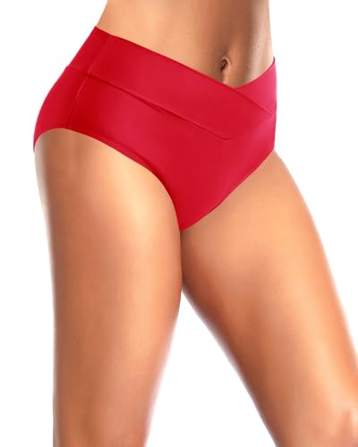 Image of Women V Cut Full Coverage Bikini Bottom - High Waist Swim Bathing Suit Bottoms Cross V Front Swimsuit