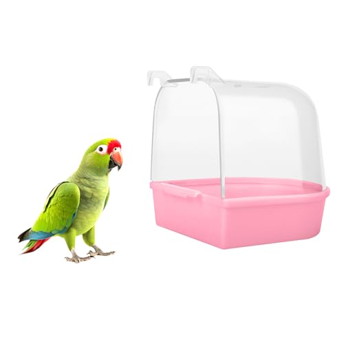 MEISH Bañera para pájaros, caja de baño para pájaros con ganchos, jaula para pájaros, bañera colgante, jaula de pájaros, suministros de accesorios para loros, canarios y periquitos (rosa)