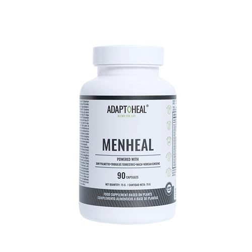 Adaptoheal Menheal | Suplemento de adaptógenos para el equilibrio de la salud masculina | Saw Palmetto, Tríbulus Terrestris, Maca, Ginseng Coreano | Vegano, Sin Gluten ni Lácteos | 90 Cápsula