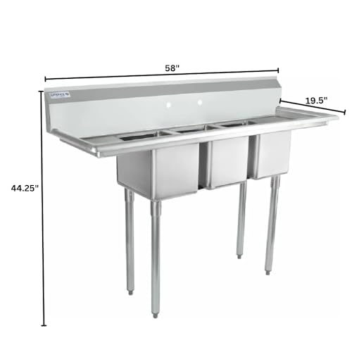 Image of Empura 58 inch Wide Stainless Steel Three Compartment Commercial Sink | Prep Utility 10 x 14 Bowl for Catering Laundry Garage | (2) 12 inch Drainboard, 9.75 inch Backsplash, 58 inchW x 19.5 inchD x 44.25 inchH, 18 Gauge, NSF