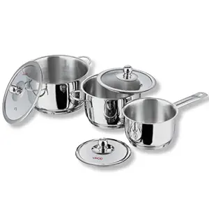 Vinod Tuscany Stainless Steel Cookware Combo Set of 3 with Glass Lid | Saucepot 2,2.8 LTR & Saucepan 1.3 LTR | 5mm Thick, Extra Deep | Induction Base | 2 Year Warranty
