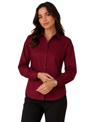 Image of OOMPH! Women's Cotton Solid Relaxed Fit Formal Shirt | Full Sleeve Drop Shoulder Button-Down Office Shirt | Spread Collar Workwear & Smart Casual Top
