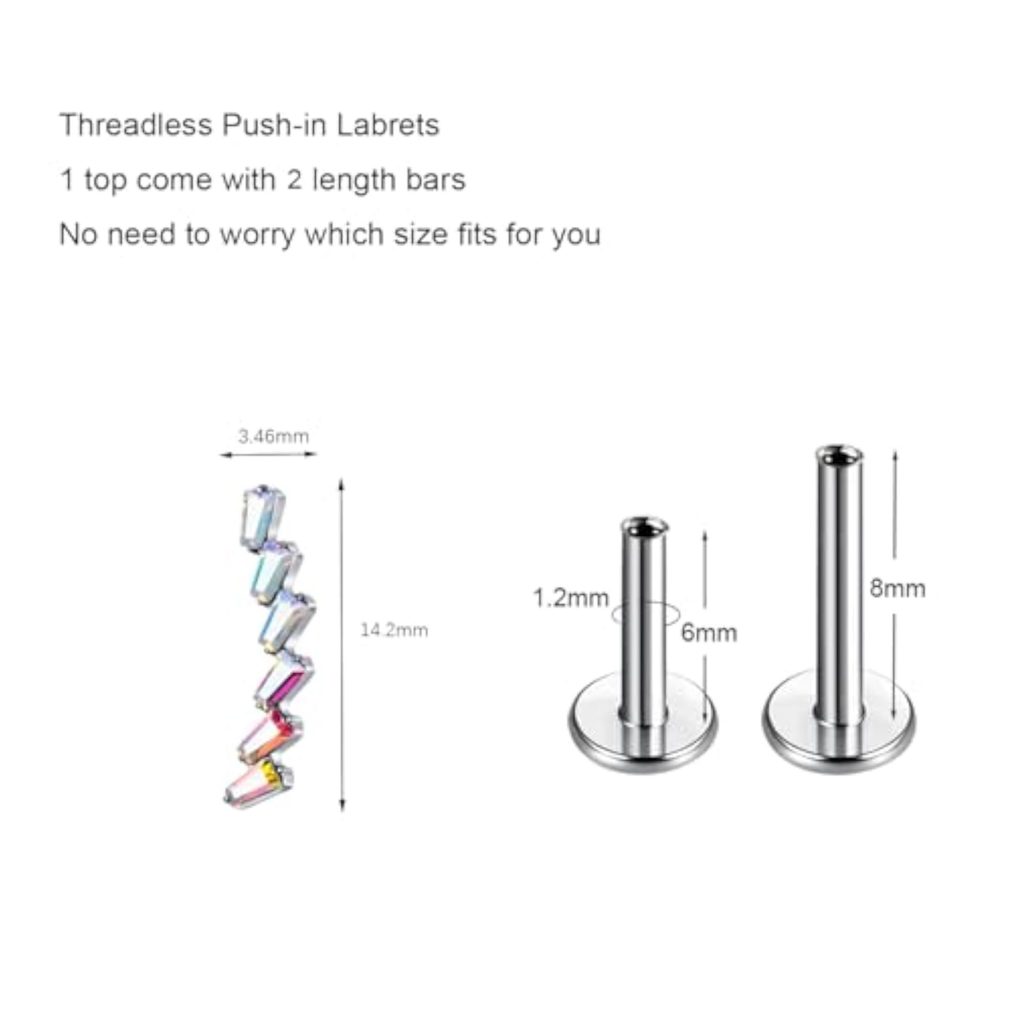 G23 Titanium Labret Studs, Push-in CZ Design