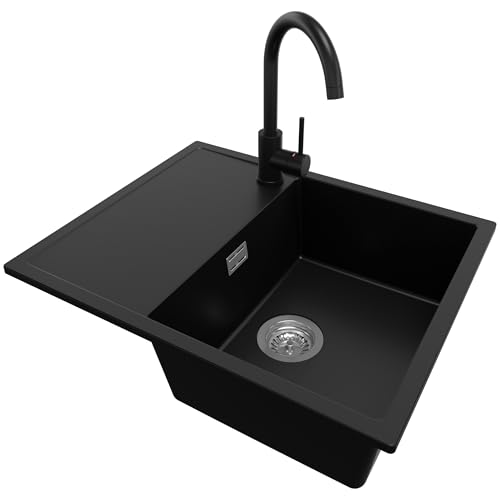Fregadero Cocina 62 x 50 cm, Fregadero Granito Un Seno + Grifo + Sifón Clásico, Fregadero Empotrado con Escurridor Ibiza 620-45 de Primagran, Negro