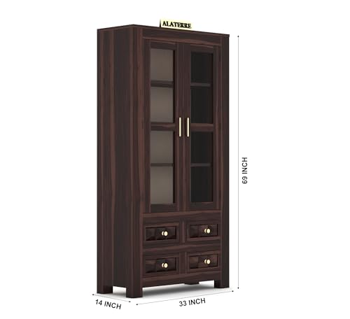 Image of Wood Book Shelf with Glass Door, Wooden Bookshelf for Home Library, Kitchen Crockery Cabinet, Study Room Furniture, Books Rack, Bookcases, Walnut Finish