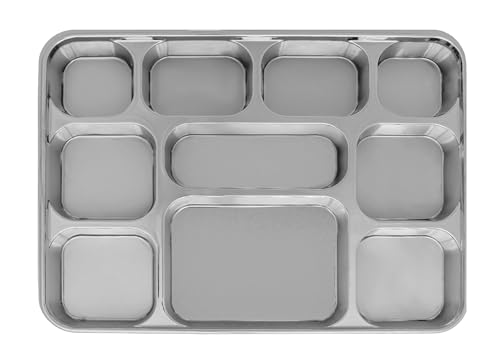 Disposable Plates 10 Compartment Silver Thali Plates Trays - 100 Pack For Indian Puja, Partys, Weddings