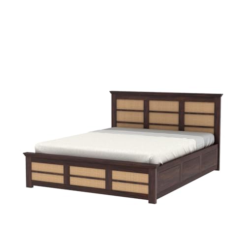 Image of Ganpati Arts Solid Sheesham Wood Queen Size Cane Bed with Hydraulic Storage | Solid Wooden Double Bed Cot Bed with Box with Headboard (Walnut Finish)