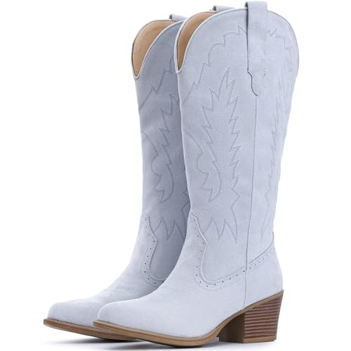 IUV Suede Cowboy Boots For Women Chunky Heel Pointed Toe Cowgirl Boots Mid Calf Western Embroidery fall Boot