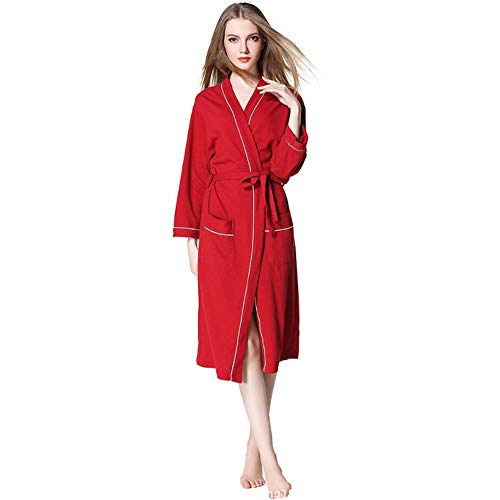 Hotel Unisex Waffle Cotton Bathrobe, Spa Lightweight Quick Drying Kimono Robe Long Loungewear-red L