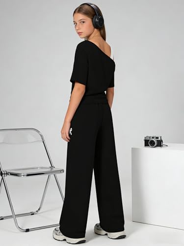 Image of Teen Girls Clothes Off the Shoulder Top and Wide Leg Pants Matching Outfit Set with Pockets Size 7-16
