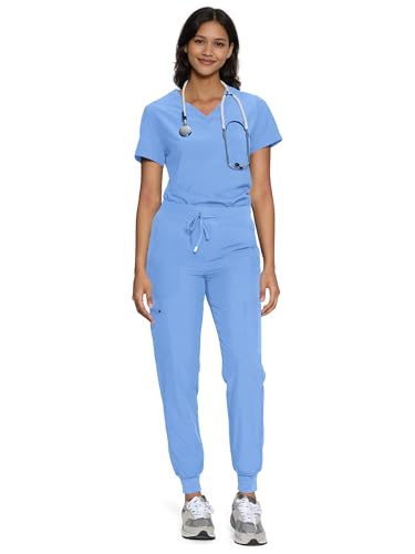 floralhue Scrubs for Women Womens Medical Scrub Sets V-Neck Scrubs Top & Cargo Pants with 12 Pockets True Ceil Blue S