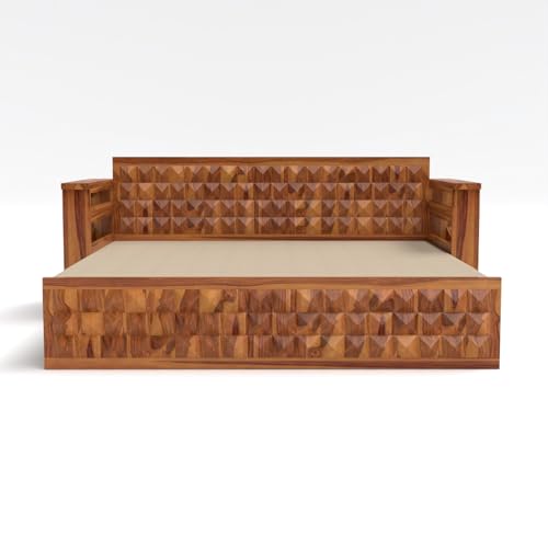 Image of Kunjal Furniture Solid Sheesham Wood Sofa Cum Bed with Storage for Living Room | Natural Finish | 3-Seater Convertible Sofa Bed | Handmade Wooden Furniture (Natural, Diamond)
