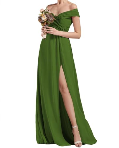 Vestidos de dama de honor plisados con hombros descubiertos con bolsillos, vestido de fiesta largo con abertura, verde oliva, 38
