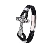 Wikinger Armband Herren Leder mit Thors Hammer aus Edelstahl – Mjölnir Armband – Viking Schmuck Männer – Nordisches Lederarmband – Verstellbar 18–24 cm – Edelstahl Männerarmband (22-24 cm)