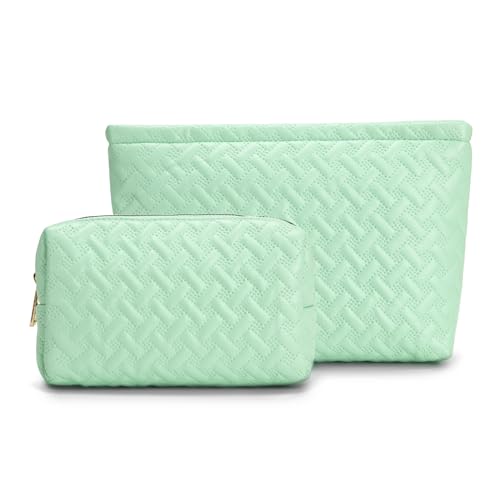 2 Pieces Makeup Bag Toiletry Bag for Girls Vegan Leather Travel Cosmetic Preppy Cute Make Up Brush Bag Pack Gifts for Teen Girls (Light Green)