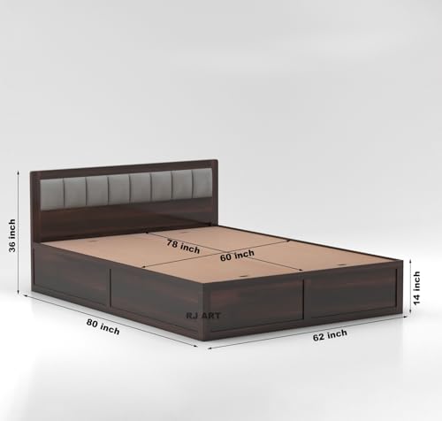 Image of Wooden Queen Size Bed with Storage | Double Bed Cot Bed with Box Storage & Upholstered Cushioned Headboard for Bedroom | Sheesham Wood, Walnut, Recommended Mattress | Size: 78 X 60