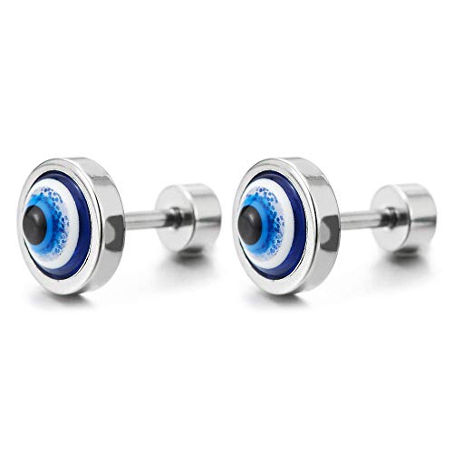Mens Womens Stainless Steel Evil Eye Circle Stud Earrings with Resin, Screw Back, 2pcs