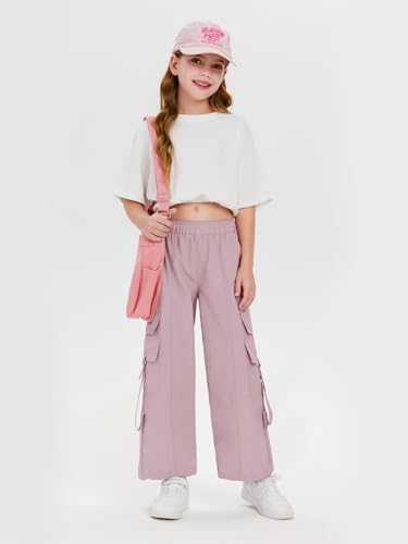 Image of Haloumoning Girls Parachute Pants Kids Wide Leg Cargo Pants Y2K Street Trousers with Pockets 5-14 Years