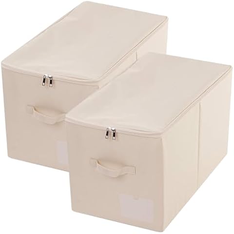iwill CREATE PRO Pack of 2, Zip Lidded Wardrobe Storage Bins,Collapsible Fabric Storage Boxes for Clothing, Bedding, Toys, Blankets Organizer, Foldable & Washable, Beige Cover