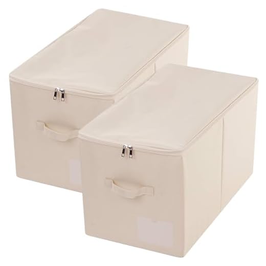 iwill CREATE PRO Pack of 2, Zip Lidded Wardrobe Storage Bins,Collapsible Fabric Storage Boxes for Clothing, Bedding, Toys, Blankets Organizer, Foldable & Washable, Beige